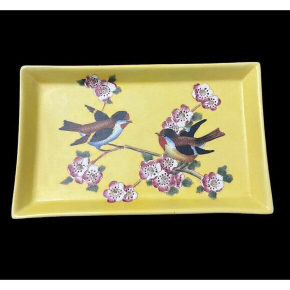 Tozai Home Yellow Bird Tray Japanese Cherry Blossoms Dish Natasha Farina Paris - Picture 1 of 4